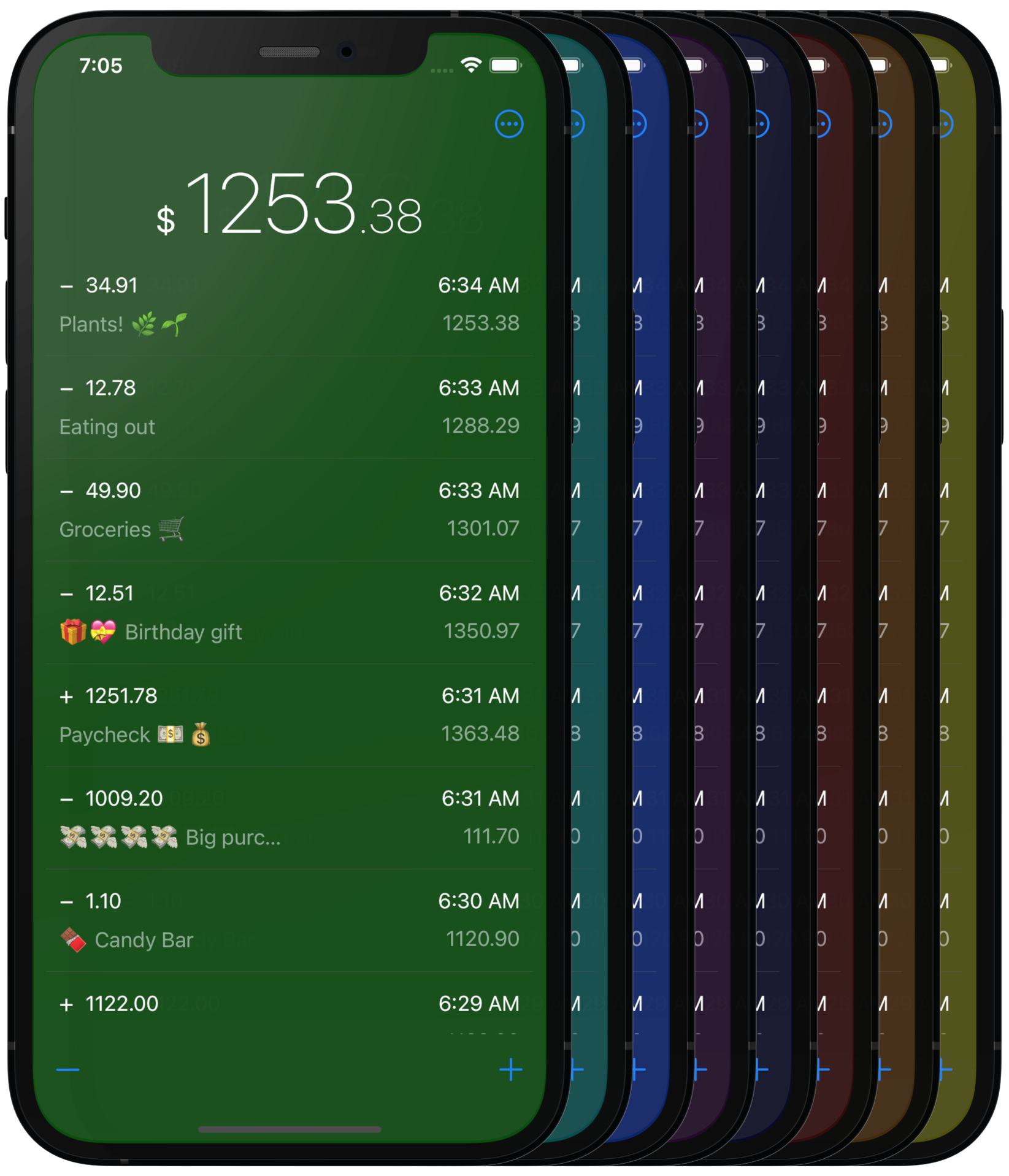 Multiple app snapshots stacked and offset. Each app snapshot in the stack has a different background color. Those colors from left to right: dark forest green, dark crimson red, dark turquoise, and a pastel yellow except a shadow is over it.