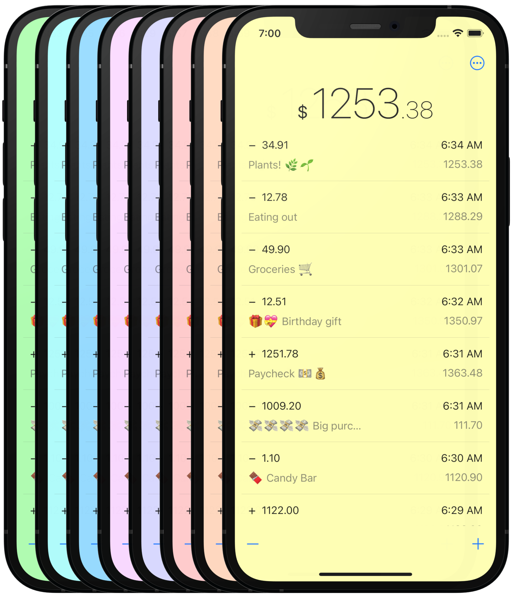 Multiple app snapshots stacked and offset. Each app snapshot in the stack has a different background color. Those colors from left to right: pastel green, pastel red, baby blue, and a pastel yellow.